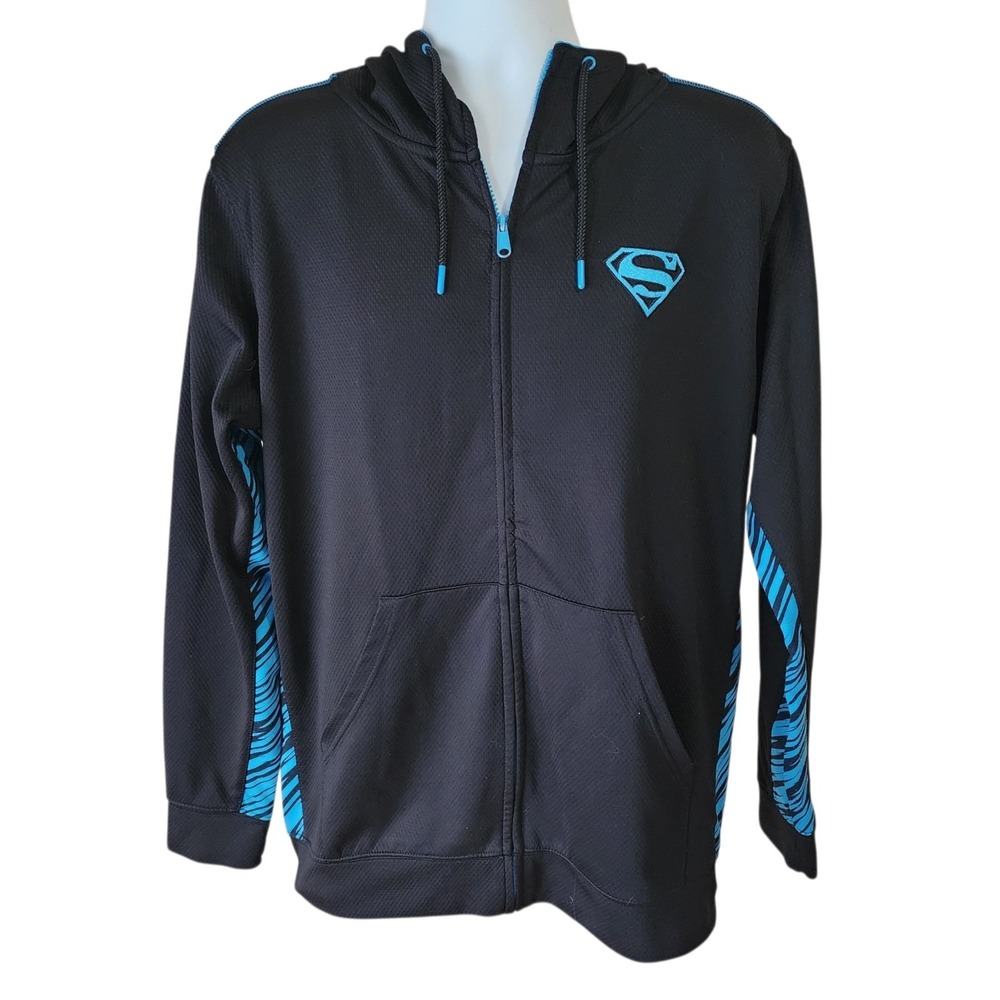 Superman Full Zip Hoodie Men's Large Black Blue Logo Graphic Jacket L Zip Up
